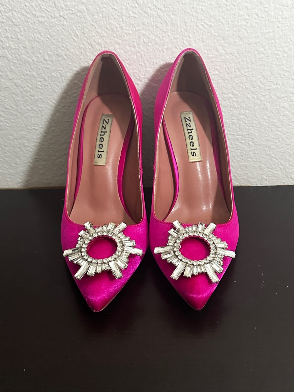 Fuchsia Satin Pointed-Toe Pumps with Crystal Medallion